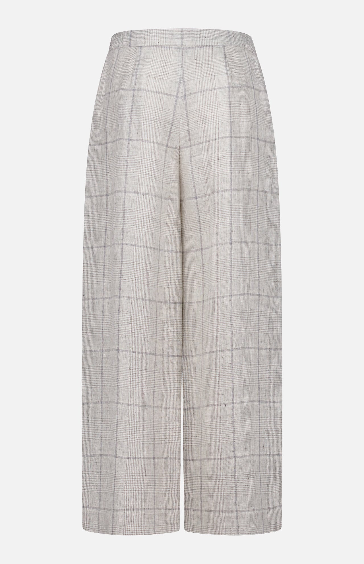 The RAG & BONE Chappell Plaid Linen Pant features a wide-leg, high-rise cropped silhouette in light grey plaid with a flat waistband and no visible fastenings or pockets.