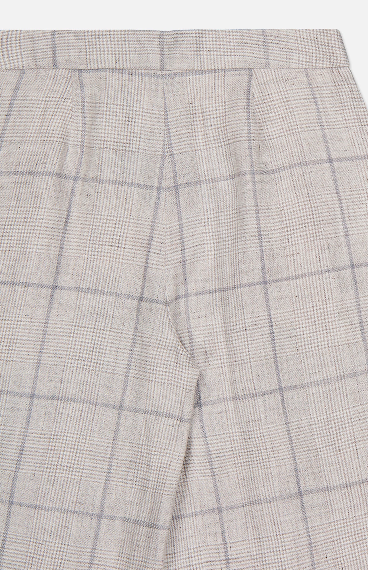 Close-up of the RAG & BONE Chappell Plaid Linen Pant in beige with a subtle blue and gray plaid, highlighting the waistband, upper leg, and fine fabric texture.