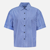 The RAG & BONE Connie Short Sleeve Stripe Shirt features blue and white vertical stripes, a collar, and cotton poplin fabric—displayed on a plain white background for a timeless look.
