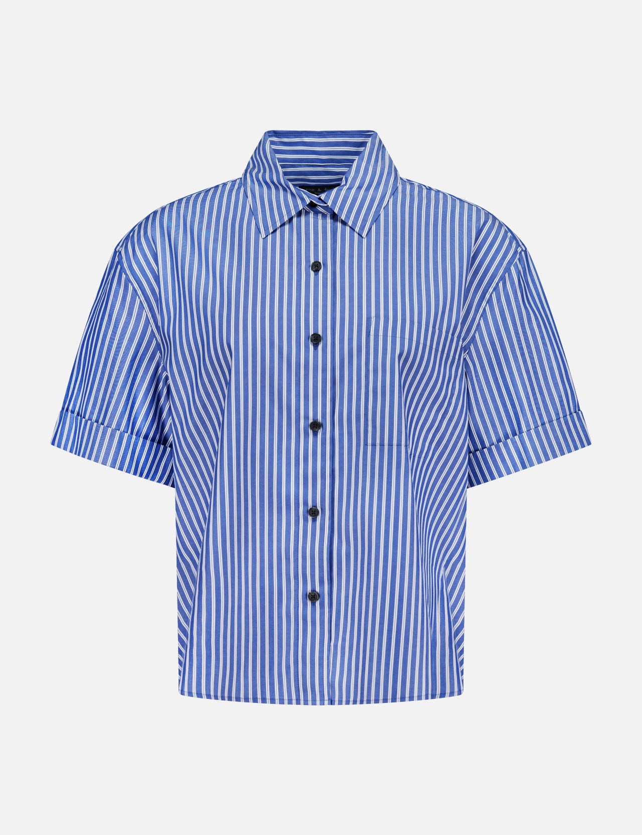 The RAG & BONE Connie Short Sleeve Stripe Shirt features blue and white vertical stripes, a collar, and cotton poplin fabric—displayed on a plain white background for a timeless look.