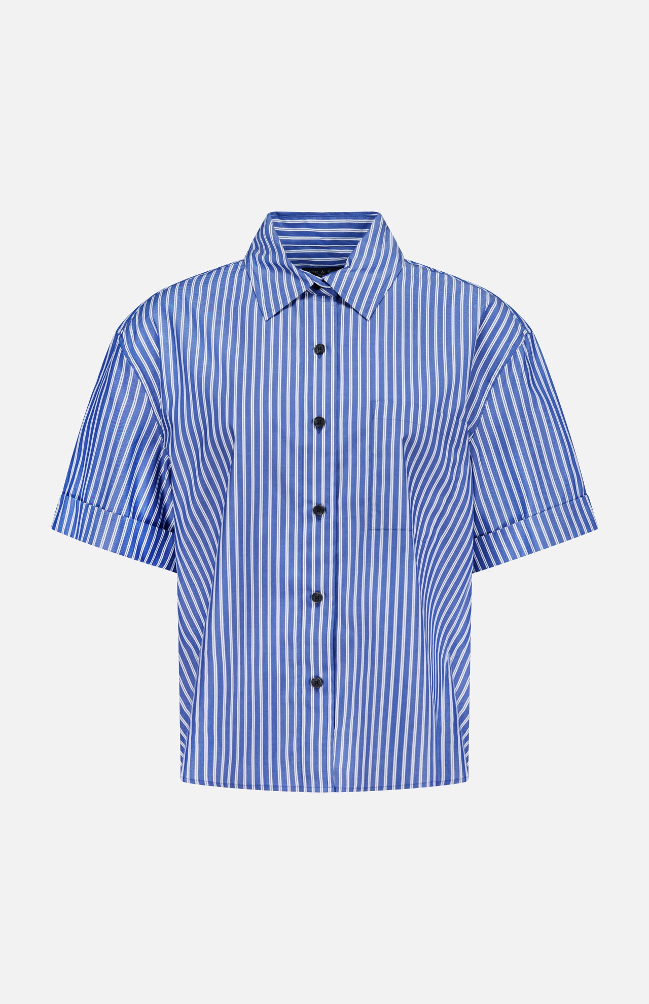 The RAG & BONE Connie Short Sleeve Stripe Shirt features blue and white vertical stripes, a collar, and cotton poplin fabric—displayed on a plain white background for a timeless look.