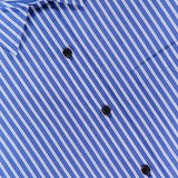 A close-up of the Connie Short Sleeve Stripe Shirt by RAG & BONE, featuring blue fabric with white vertical stripes, black buttons, a chest pocket, and a visible collar and brand label—a modern wardrobe staple.