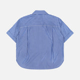 The Connie Short Sleeve Stripe Shirt by RAG & BONE is a blue cotton poplin shirt with white vertical stripes, a yoke, and a loose fit—an effortless wardrobe staple shown here from the back.