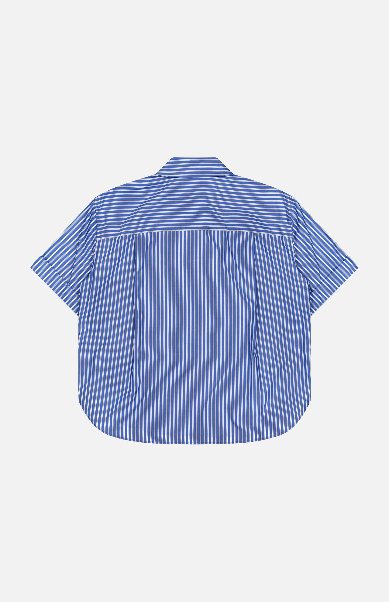 The Connie Short Sleeve Stripe Shirt by RAG & BONE is a blue cotton poplin shirt with white vertical stripes, a yoke, and a loose fit—an effortless wardrobe staple shown here from the back.