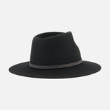 The Dakota Wool Fedora Hat by RAG & BONE is a black fedora made from premium wool felt, showcasing a wide brim and accented with a subtle thin leather band around the crown, displayed against a plain white background.