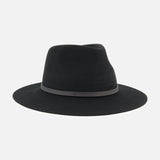 The RAG & BONE Dakota Wool Fedora Hat is presented on a plain white background, showcasing its premium black wool felt construction, wide brim, and a sleek leather band encircling the base of the crown.