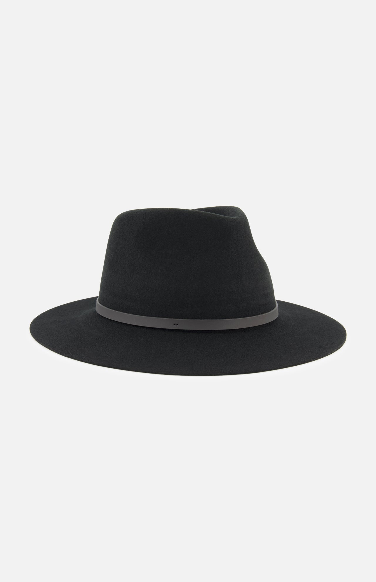 The RAG & BONE Dakota Wool Fedora Hat is presented on a plain white background, showcasing its premium black wool felt construction, wide brim, and a sleek leather band encircling the base of the crown.