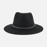 The Dakota Wool Fedora Hat by RAG & BONE is a classic black fedora crafted from premium wool felt and accented with a simple gray band at the base of the crown. Photographed against a white background, this elegant hat showcases its wide brim and timeless style.