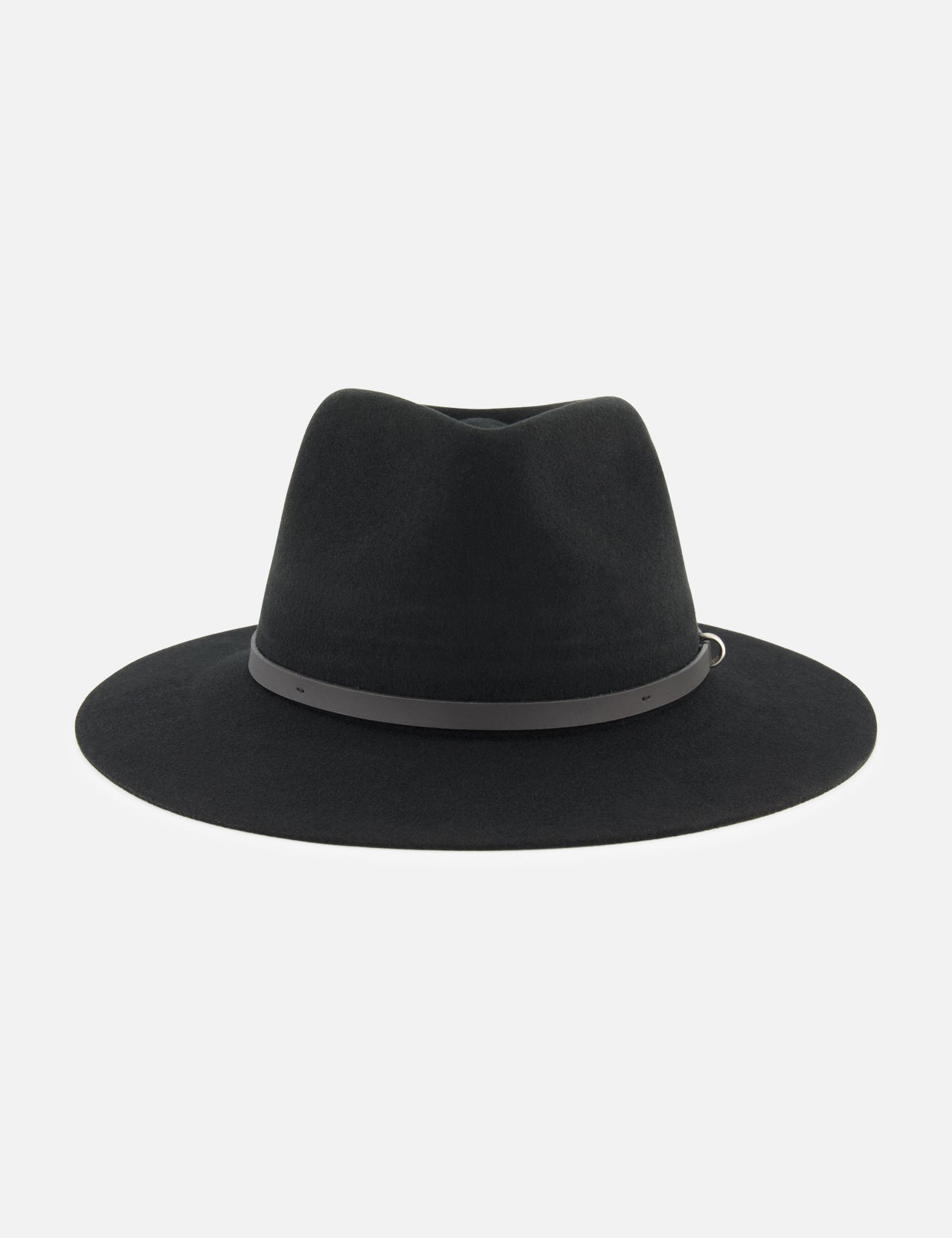The Dakota Wool Fedora Hat by RAG & BONE is a classic black fedora crafted from premium wool felt and accented with a simple gray band at the base of the crown. Photographed against a white background, this elegant hat showcases its wide brim and timeless style.