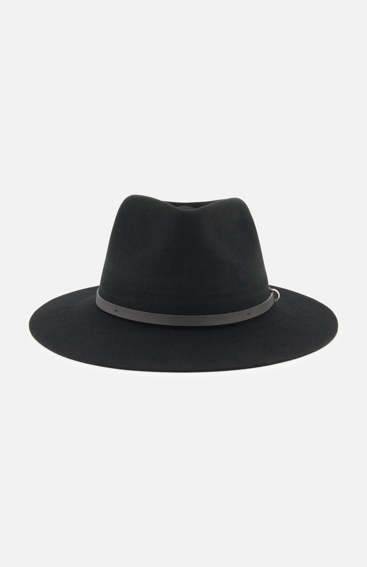The Dakota Wool Fedora Hat by RAG & BONE is a classic black fedora crafted from premium wool felt and accented with a simple gray band at the base of the crown. Photographed against a white background, this elegant hat showcases its wide brim and timeless style.