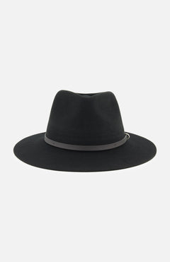 The Dakota Wool Fedora Hat by RAG & BONE is a classic black fedora crafted from premium wool felt and accented with a simple gray band at the base of the crown. Photographed against a white background, this elegant hat showcases its wide brim and timeless style.