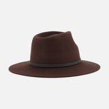 The Dakota Wool Fedora by RAG & BONE is a dark brown hat made from premium wool felt, accented with a sleek leather band around the base of the crown, and displayed against a plain white background.