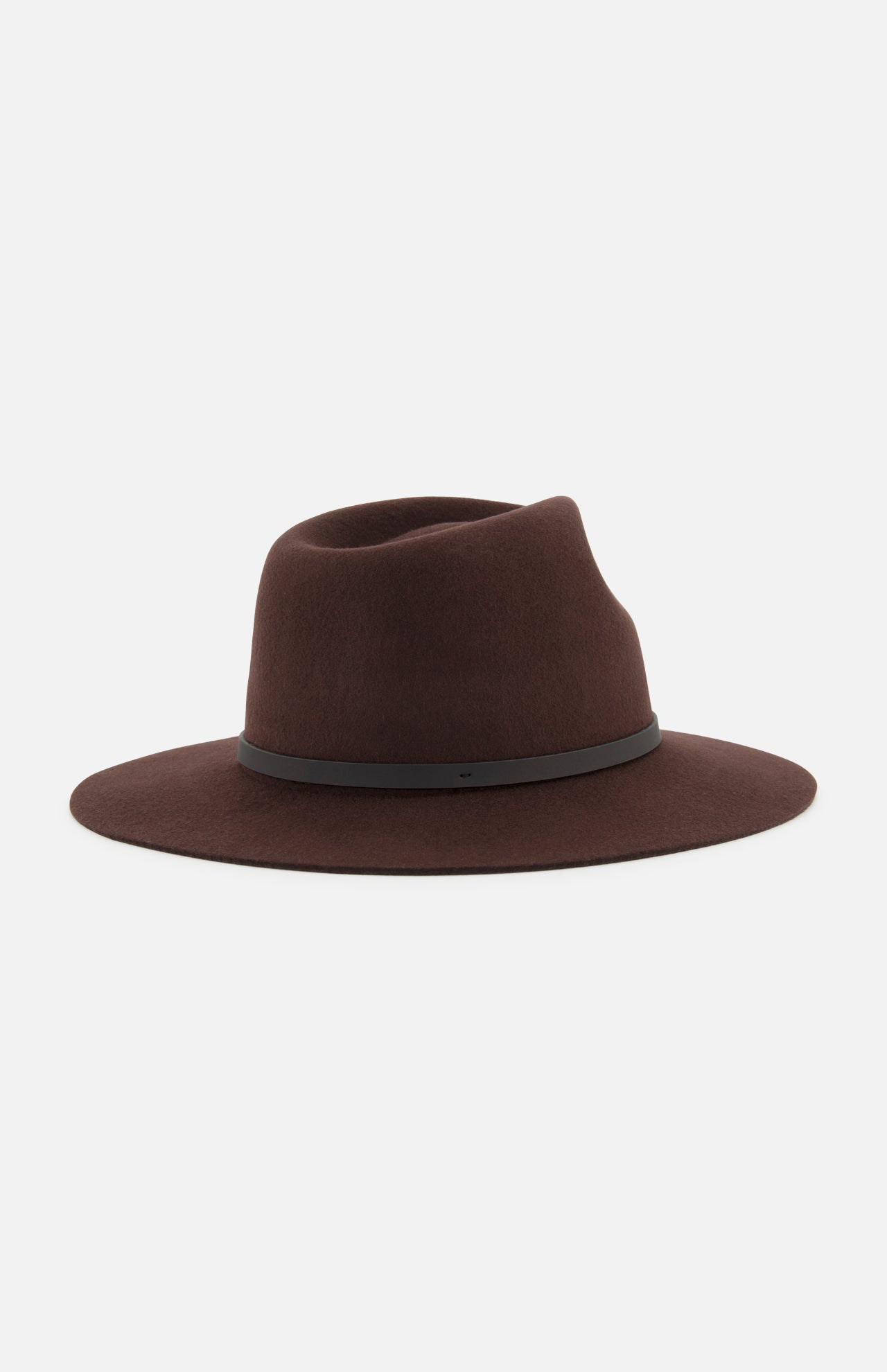 The Dakota Wool Fedora by RAG & BONE is a dark brown hat made from premium wool felt, accented with a sleek leather band around the base of the crown, and displayed against a plain white background.