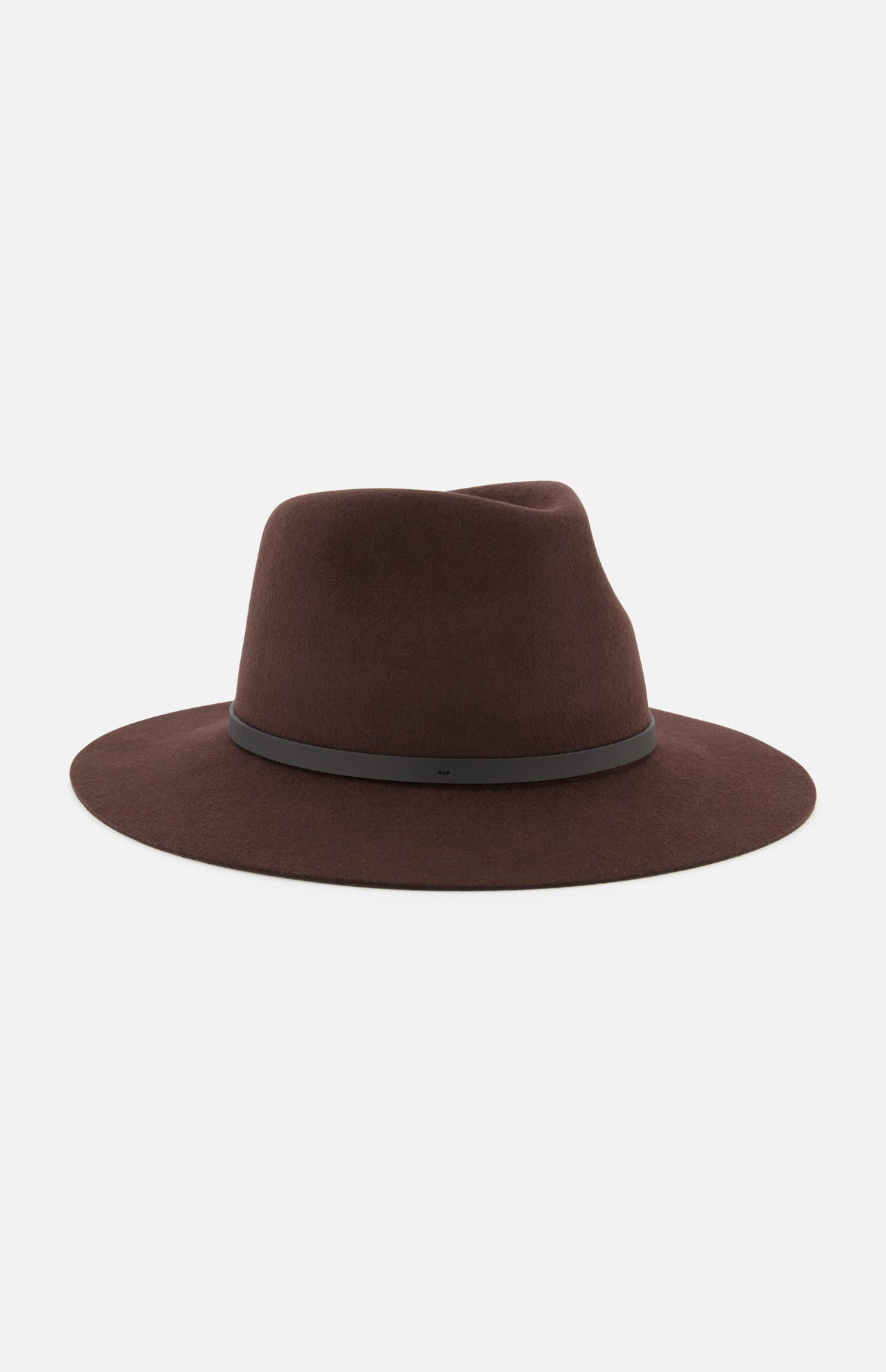 The Dakota Wool Fedora by RAG & BONE is a dark brown hat made from premium wool felt, accented with a sleek leather band at the base of the crown and shown against a white background.