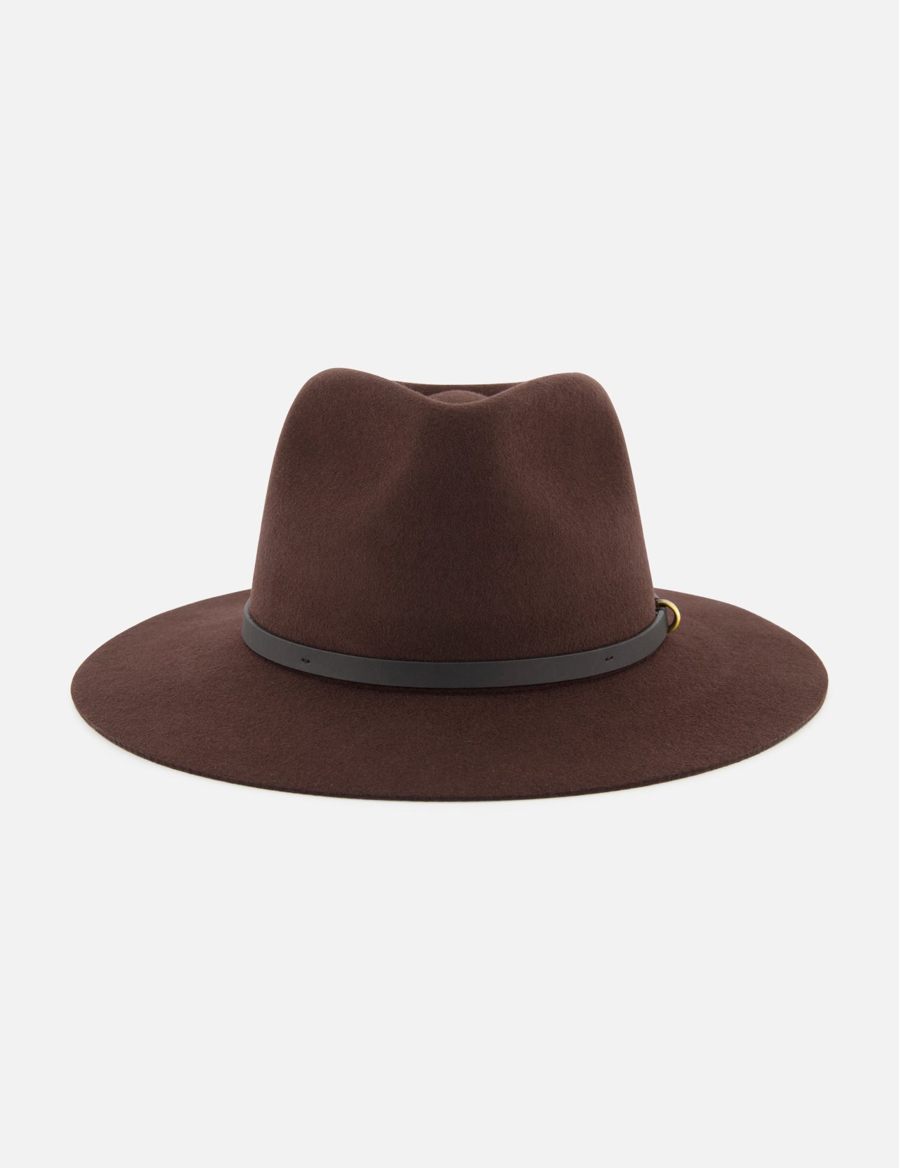 Introducing the RAG & BONE Dakota Wool Fedora, a wide-brimmed dark brown hat expertly crafted from wool felt and accented with a sleek black band featuring a subtle gold detail, photographed against a white background.