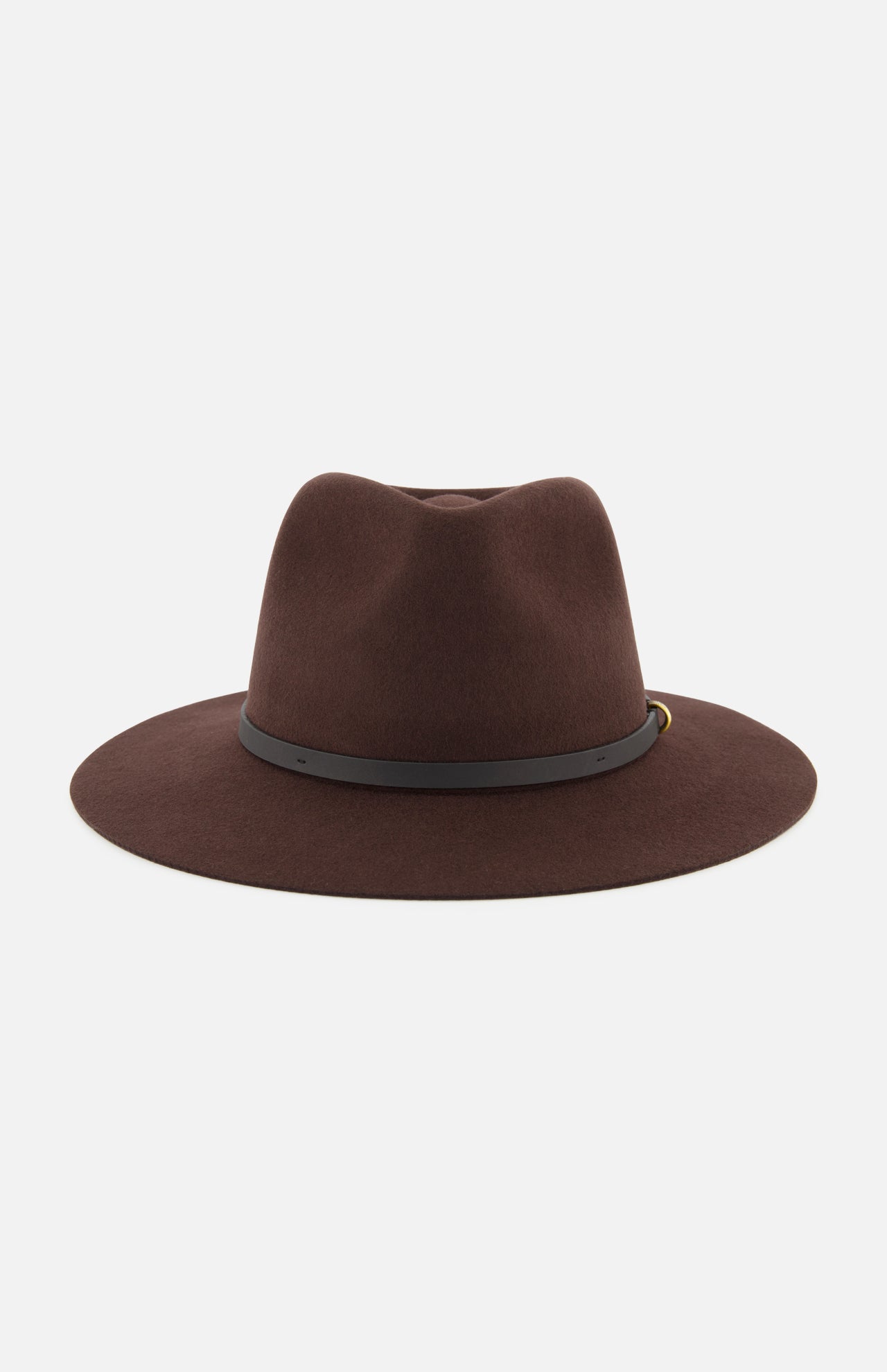 Introducing the RAG & BONE Dakota Wool Fedora, a wide-brimmed dark brown hat expertly crafted from wool felt and accented with a sleek black band featuring a subtle gold detail, photographed against a white background.