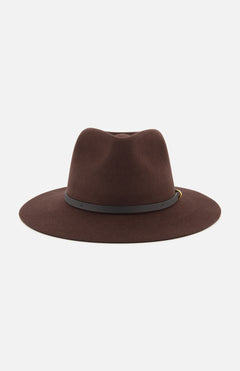 Introducing the RAG & BONE Dakota Wool Fedora, a wide-brimmed dark brown hat expertly crafted from wool felt and accented with a sleek black band featuring a subtle gold detail, photographed against a white background.