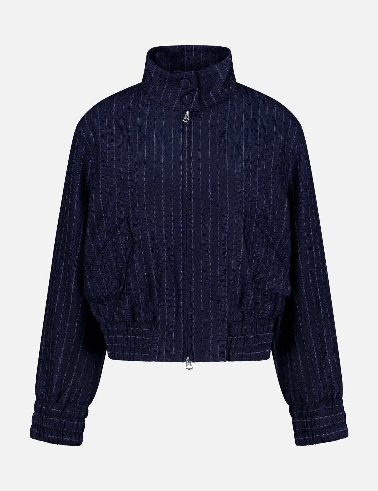 The Eliza Striped Bomber Jacket by RAG & BONE features navy with white pinstripes, long sleeves, high collar, elastic cuffs, gathered hem, two front pockets, a cropped cut, and a relaxed fit.