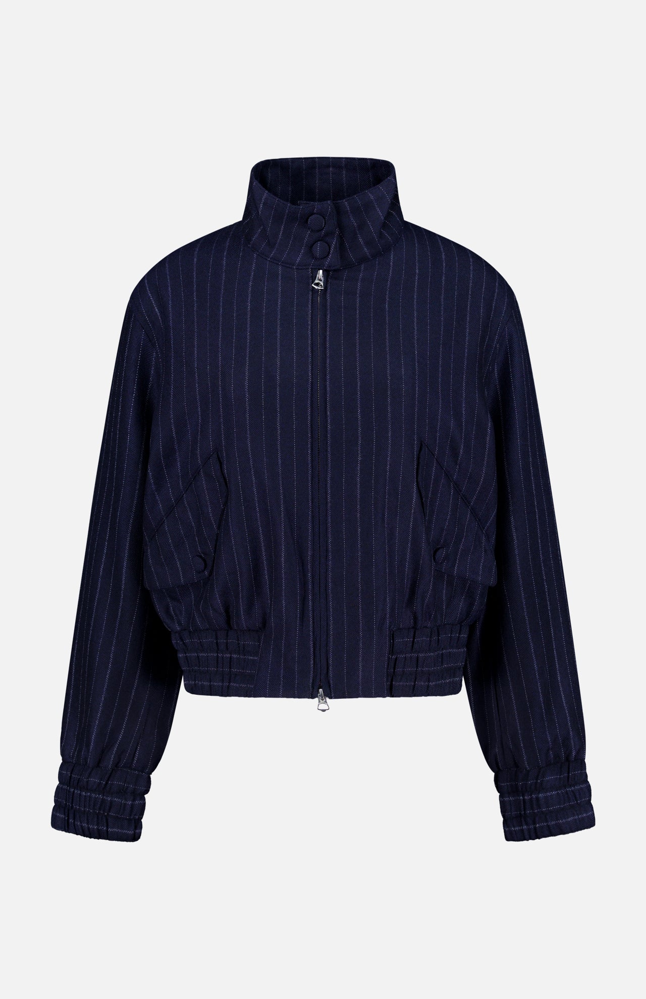 The Eliza Striped Bomber Jacket by RAG & BONE features navy with white pinstripes, long sleeves, high collar, elastic cuffs, gathered hem, two front pockets, a cropped cut, and a relaxed fit.