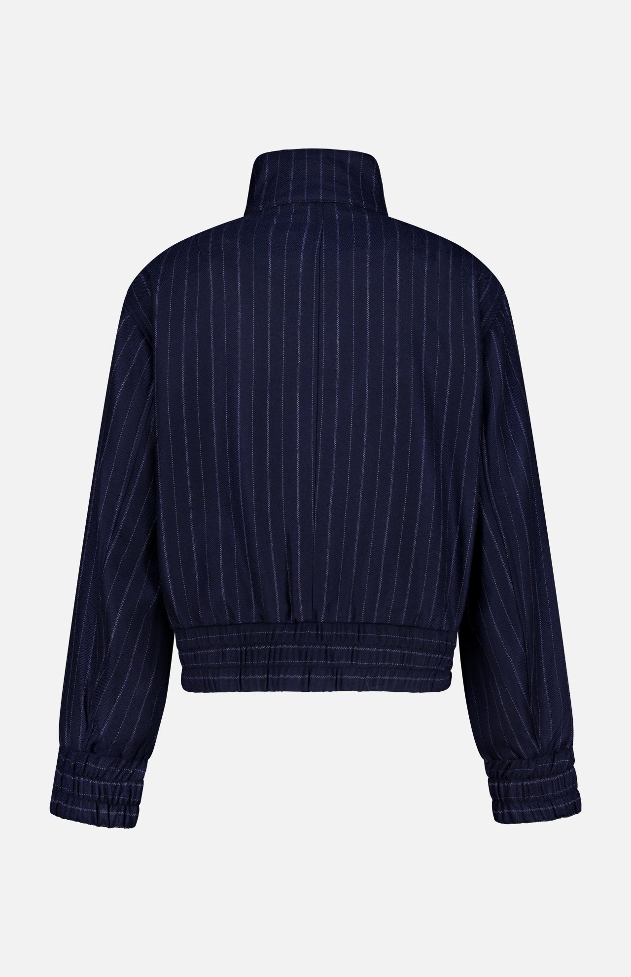 The Eliza Striped Bomber Jacket by RAG & BONE features navy blue fabric, thin white pinstripes, long sleeves, and elastic cuffs and waistband, shown from the back against a plain white background.