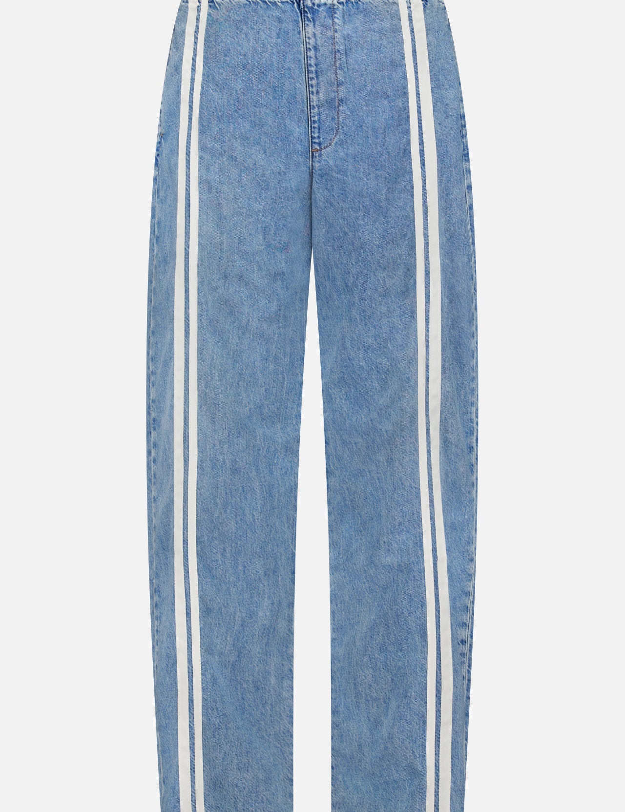 The Featherweight Logan Track Pant in Eversport by RAG & BONE features light blue denim, relaxed fit, elastic waistband, and wide straight legs with two parallel white stripes along the outer sides from waist to hem.