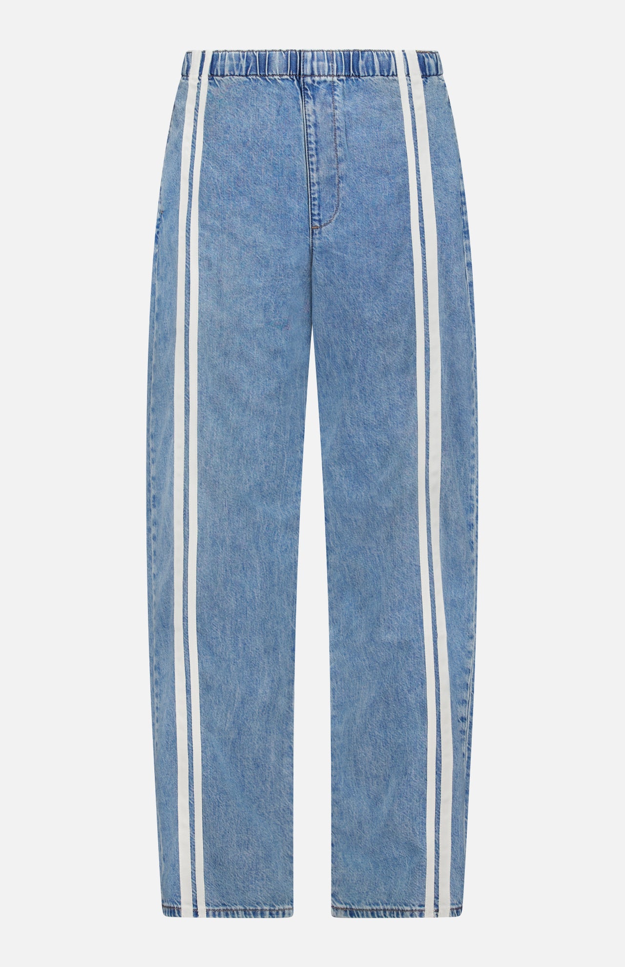 The Featherweight Logan Track Pant in Eversport by RAG & BONE features light blue denim, relaxed fit, elastic waistband, and wide straight legs with two parallel white stripes along the outer sides from waist to hem.