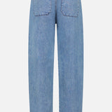 The Featherweight Logan Track Pant in Eversport by RAG & BONE features light blue, featherweight denim, an elastic waistband, and two large back pockets. Displayed flat on a white background, these pants offer a relaxed fit with a straight-leg silhouette.