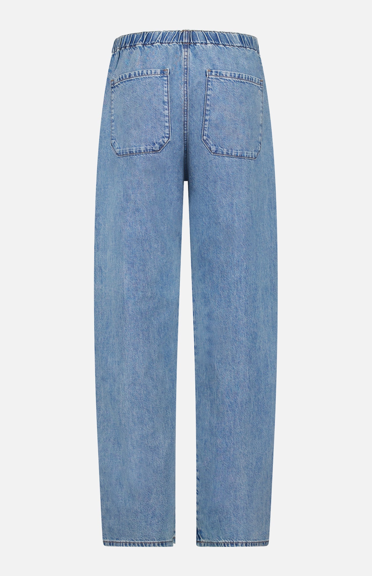 The Featherweight Logan Track Pant in Eversport by RAG & BONE features light blue, featherweight denim, an elastic waistband, and two large back pockets. Displayed flat on a white background, these pants offer a relaxed fit with a straight-leg silhouette.