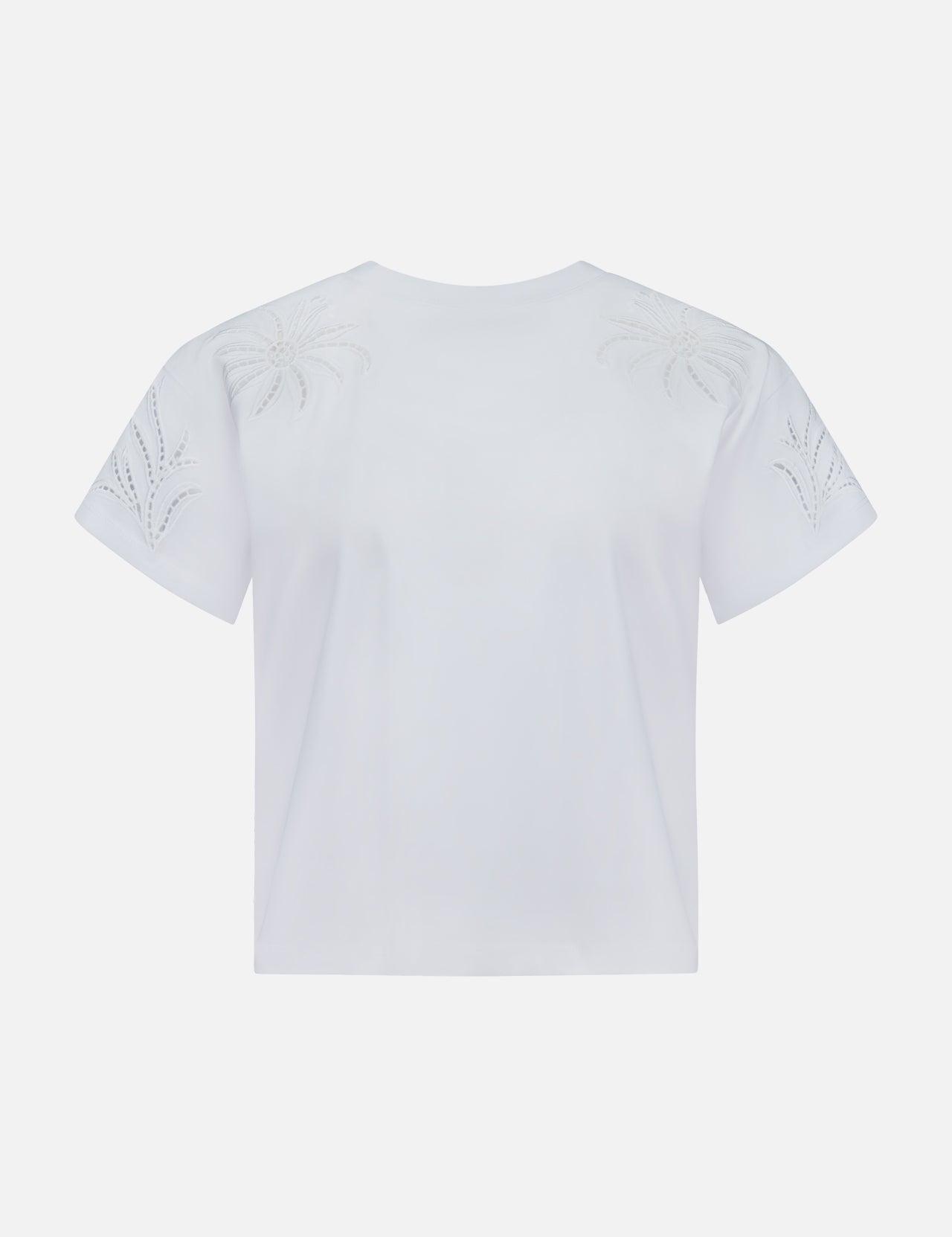 Back view of the RAG & BONE Floral Cutout Kelly Boxy T-shirt, a white summer tee featuring delicate floral cut-out embroidery on the shoulders and sleeves.