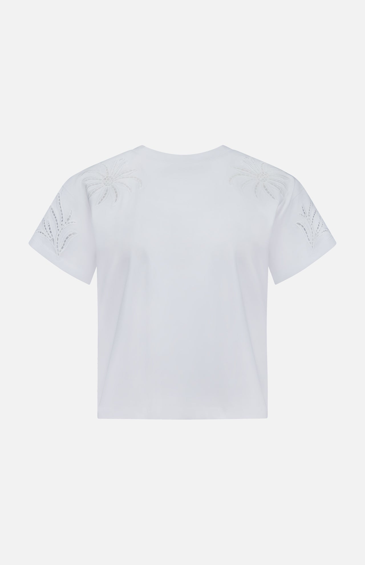 Back view of the RAG & BONE Floral Cutout Kelly Boxy T-shirt, a white summer tee featuring delicate floral cut-out embroidery on the shoulders and sleeves.