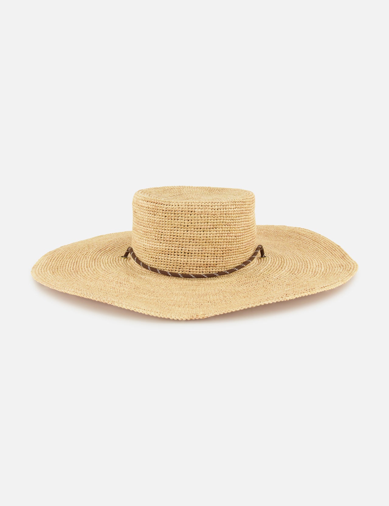 The RAG & BONE Frankie Paracord Boater Hat is a wide-brimmed, natural raffia sun hat with a flat crown and a brown paracord trim, shown against a white background.
