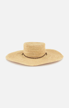 The RAG & BONE Frankie Paracord Boater Hat is a wide-brimmed, natural raffia sun hat with a flat crown and a brown paracord trim, shown against a white background.