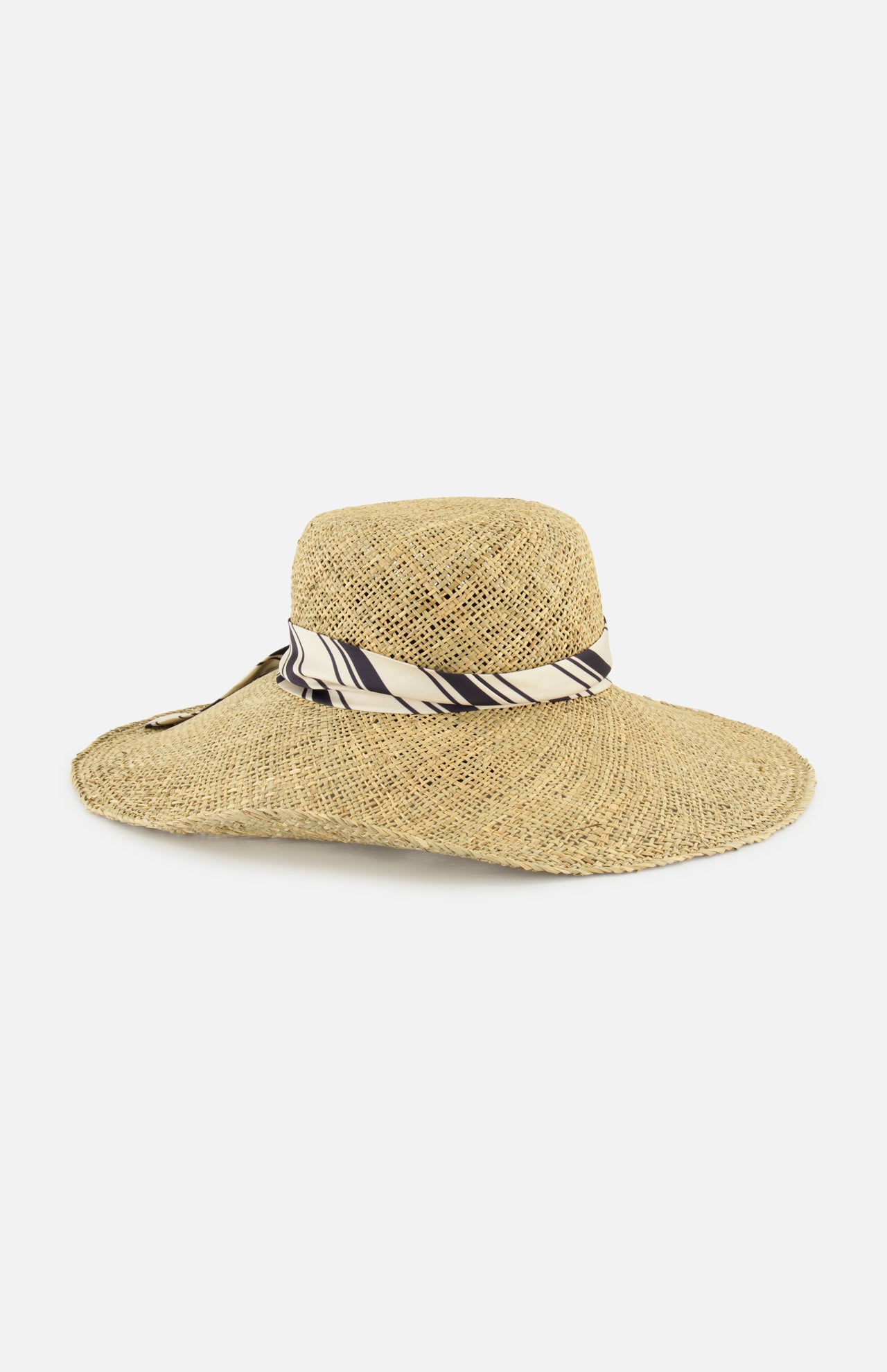 The RAG & BONE Garden Seagrass Hat with Scarf features a wide brim and a black-and-white striped ribbon at the crown, shown against a plain white background.