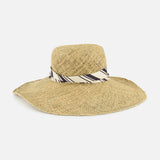 The RAG & BONE Garden Seagrass Hat with Scarf features a wide brim and a light-colored ribbon with dark diagonal stripes around the crown, shown on a white background.