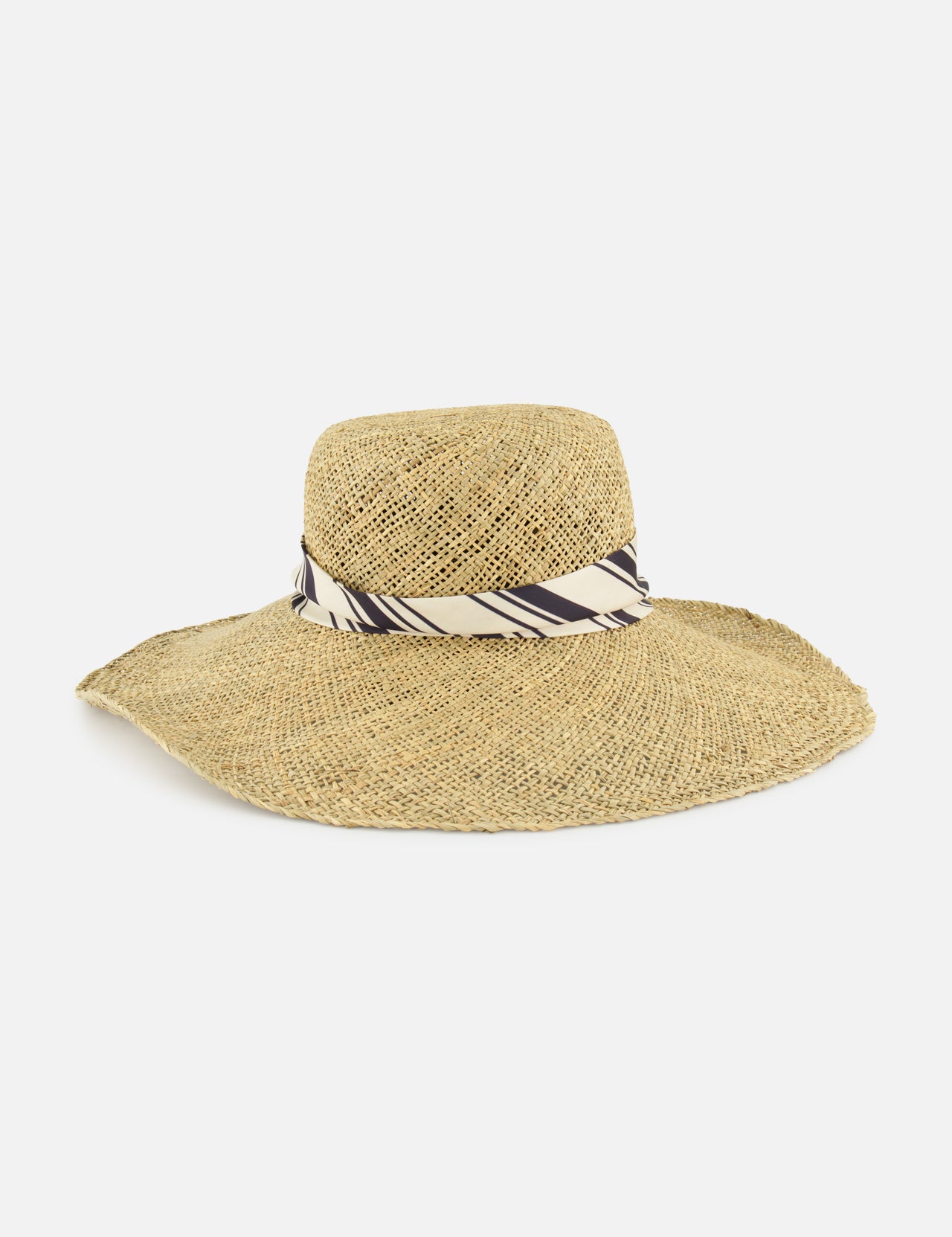 The RAG & BONE Garden Seagrass Hat with Scarf features a wide brim and a light-colored ribbon with dark diagonal stripes around the crown, shown on a white background.