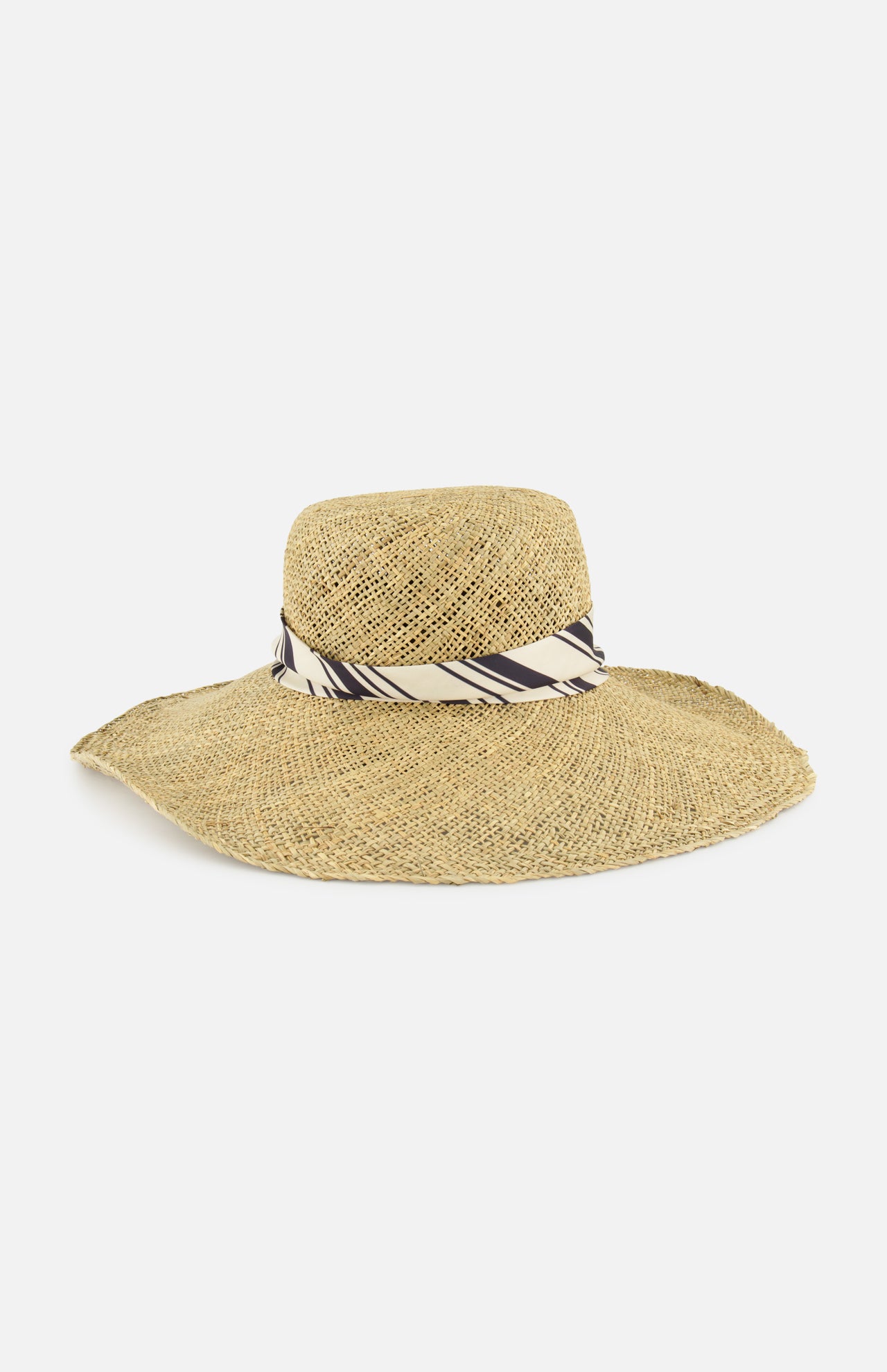 The RAG & BONE Garden Seagrass Hat with Scarf features a wide brim and a light-colored ribbon with dark diagonal stripes around the crown, shown on a white background.