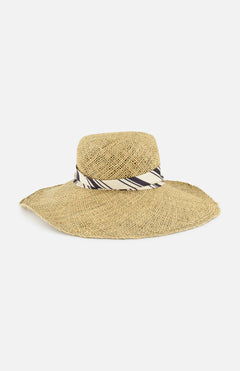 The RAG & BONE Garden Seagrass Hat with Scarf features a wide brim and a light-colored ribbon with dark diagonal stripes around the crown, shown on a white background.