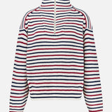 The Georgie Stripe Half Zip Sweater by RAG & BONE features long sleeves, a ribbed design, a zip neck collar, and bold horizontal navy blue, red, and white stripes.