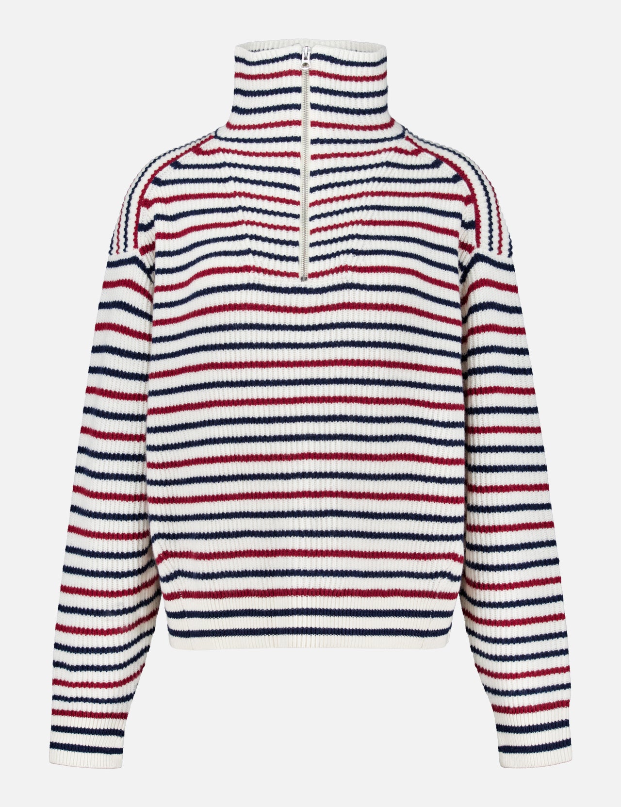 The Georgie Stripe Half Zip Sweater by RAG & BONE features long sleeves, a ribbed design, a zip neck collar, and bold horizontal navy blue, red, and white stripes.