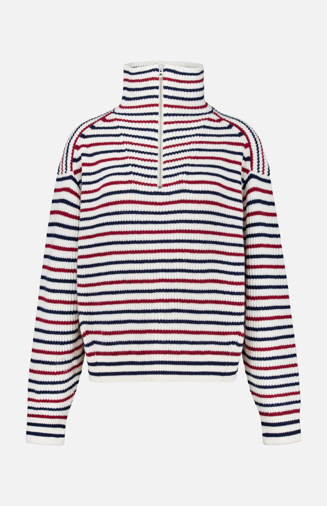 The Georgie Stripe Half Zip Sweater by RAG & BONE features long sleeves, a ribbed design, a zip neck collar, and bold horizontal navy blue, red, and white stripes.