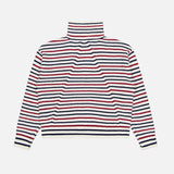 The Georgie Stripe Half Zip Sweater by RAG & BONE is an ivory, long-sleeved sweater with horizontal navy blue, red, and white stripes, shown laid flat on a plain surface.