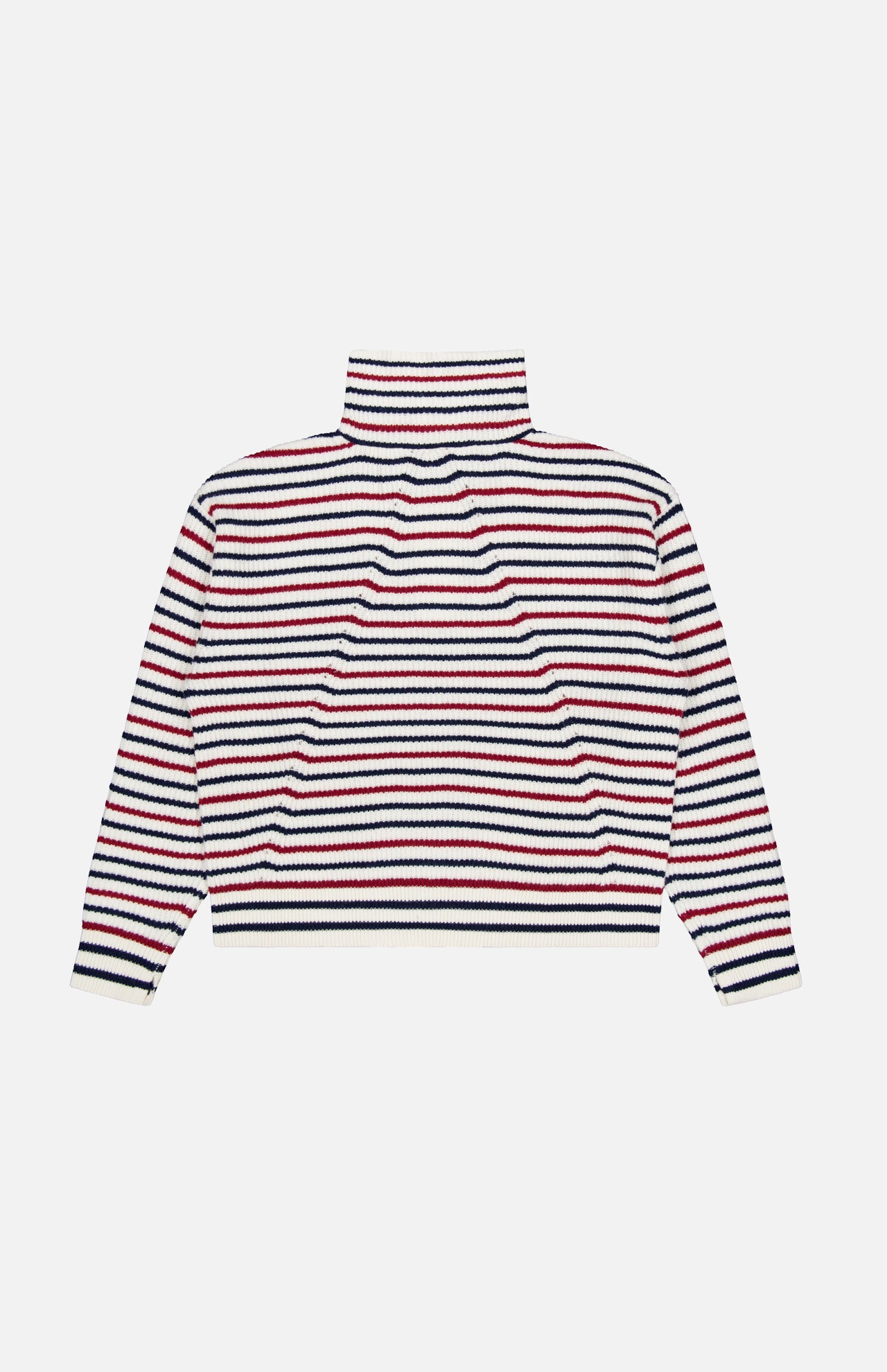 The Georgie Stripe Half Zip Sweater by RAG & BONE is an ivory, long-sleeved sweater with horizontal navy blue, red, and white stripes, shown laid flat on a plain surface.