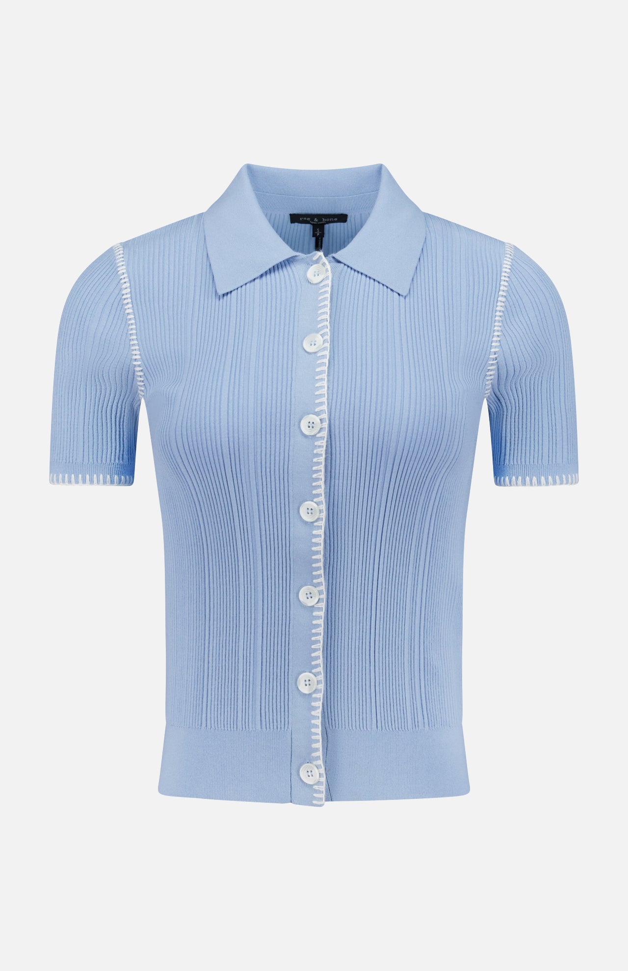 The Harper Short Sleeve Cardigan Sweater by RAG & BONE features a light blue, slim fit with short sleeves, ribbed knit texture, white buttons, and contrast stitching for a modern twist on the classic cardigan.