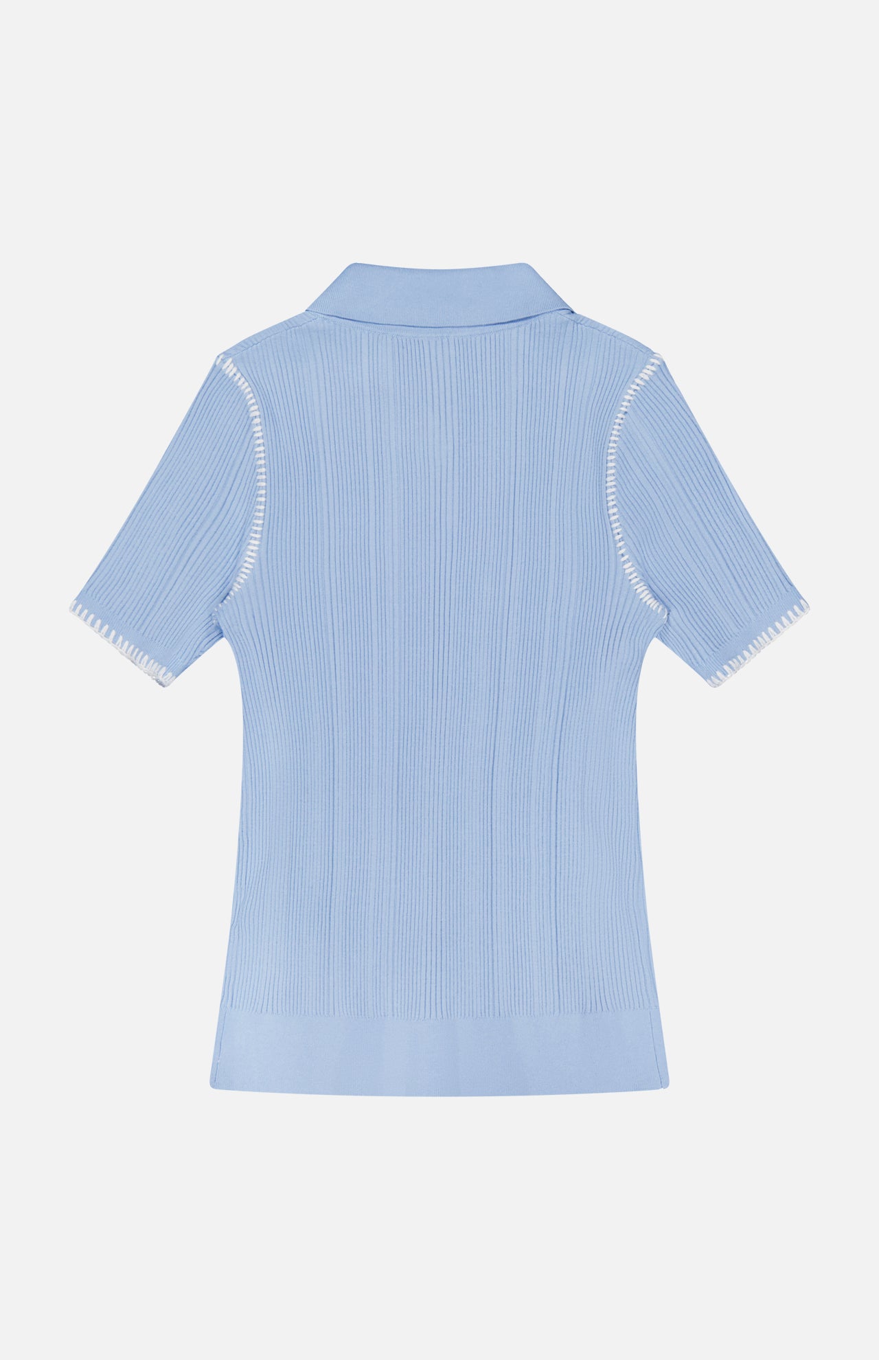 The Harper Short Sleeve Cardigan Sweater by RAG & BONE is shown from the back in light blue, featuring white stitching on sleeve seams and a flat collar, set against a plain white background.