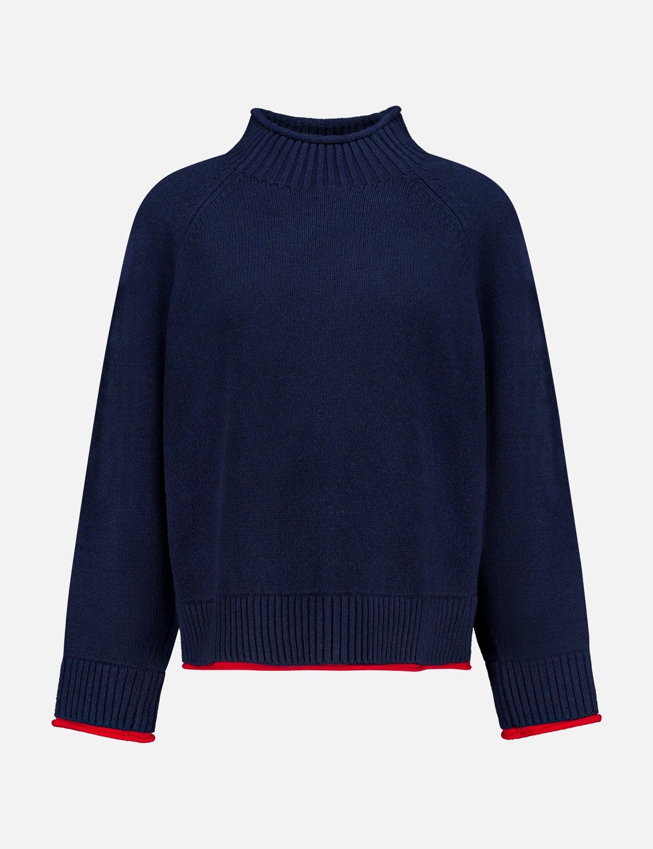 The Hazel Roll Neck Sweater by RAG & BONE is a navy blue, long-sleeve cotton-blend sweater with a high ribbed collar, ribbed cuffs, and hem. This mock neck style features thin red trim on the cuffs and hem and is displayed against a plain white background.