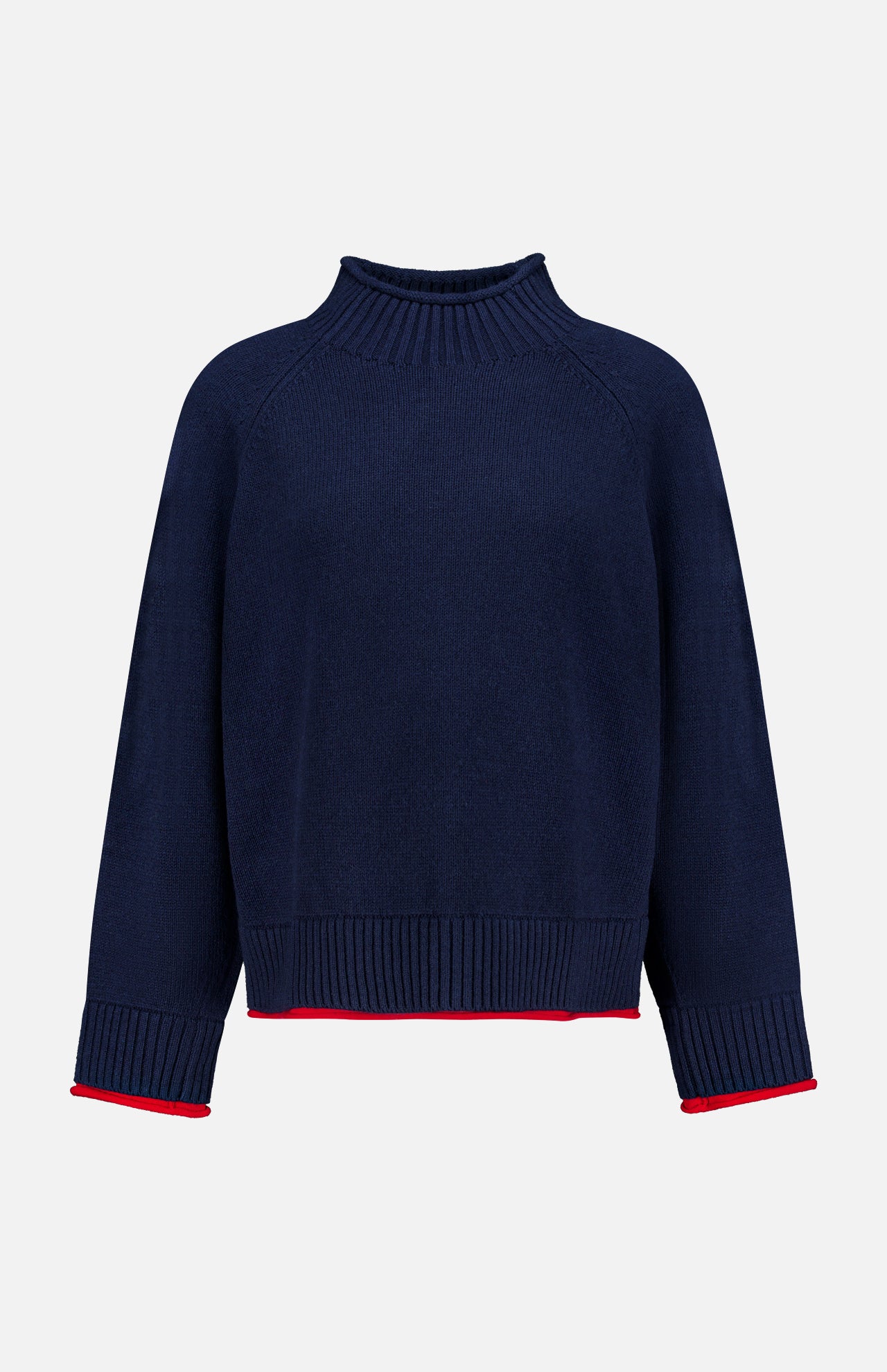 The Hazel Roll Neck Sweater by RAG & BONE is a navy blue, long-sleeve cotton-blend sweater with a high ribbed collar, ribbed cuffs, and hem. This mock neck style features thin red trim on the cuffs and hem and is displayed against a plain white background.