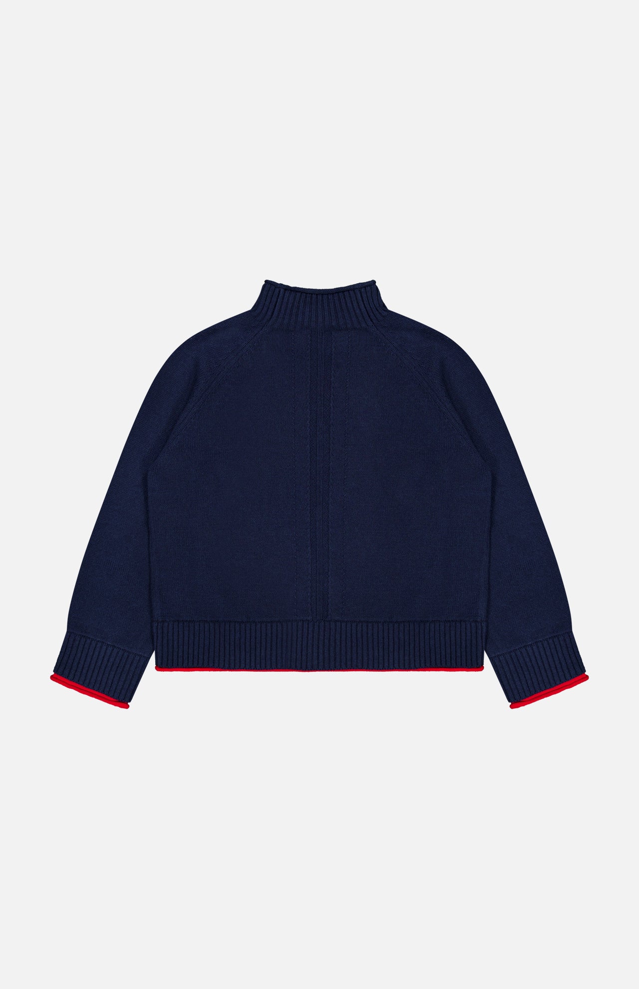 The Hazel Roll Neck Sweater by RAG & BONE is a navy blue cotton-blend sweater with long sleeves, featuring a ribbed collar, hem, and cuffs accented by thin red trim on the cuffs and hem. Shown laid flat with the back side facing up against a white background.