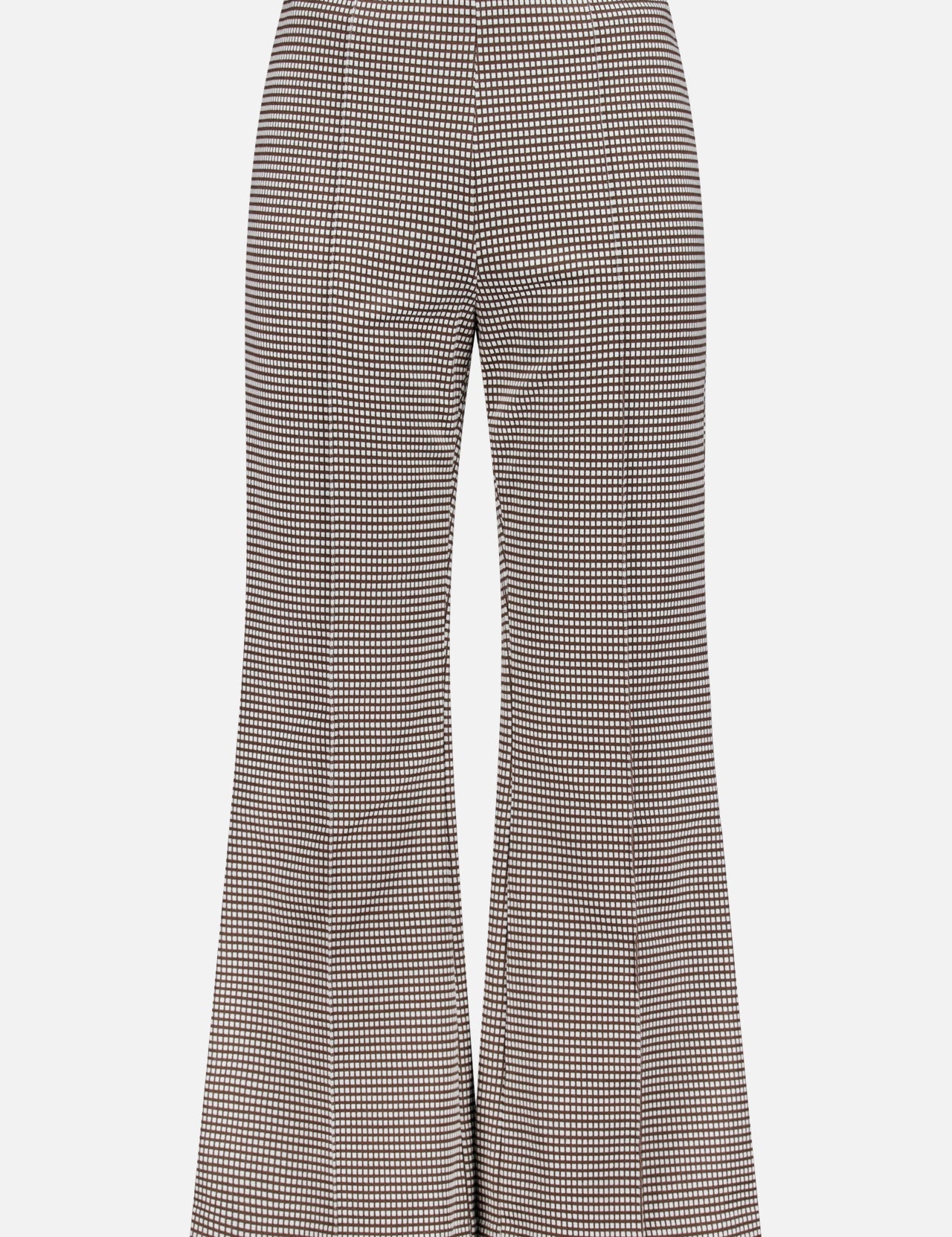 The RAG & BONE Irina Printed Kick Flare Pant features a black and white micro check, high waist, front seams, and a slight flare at the hem, displayed on a white background.
