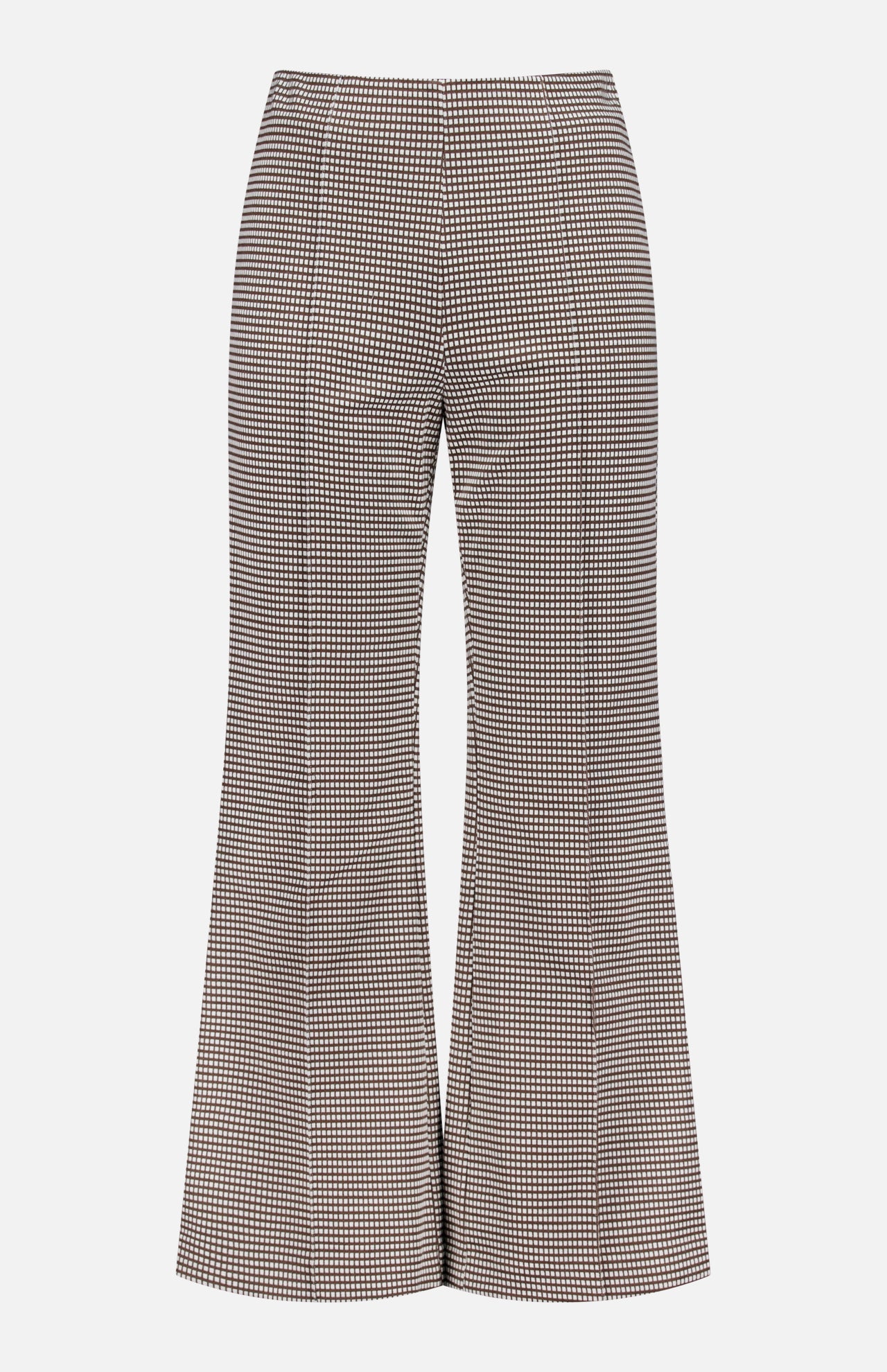 The RAG & BONE Irina Printed Kick Flare Pant features a black and white micro check, high waist, front seams, and a slight flare at the hem, displayed on a white background.