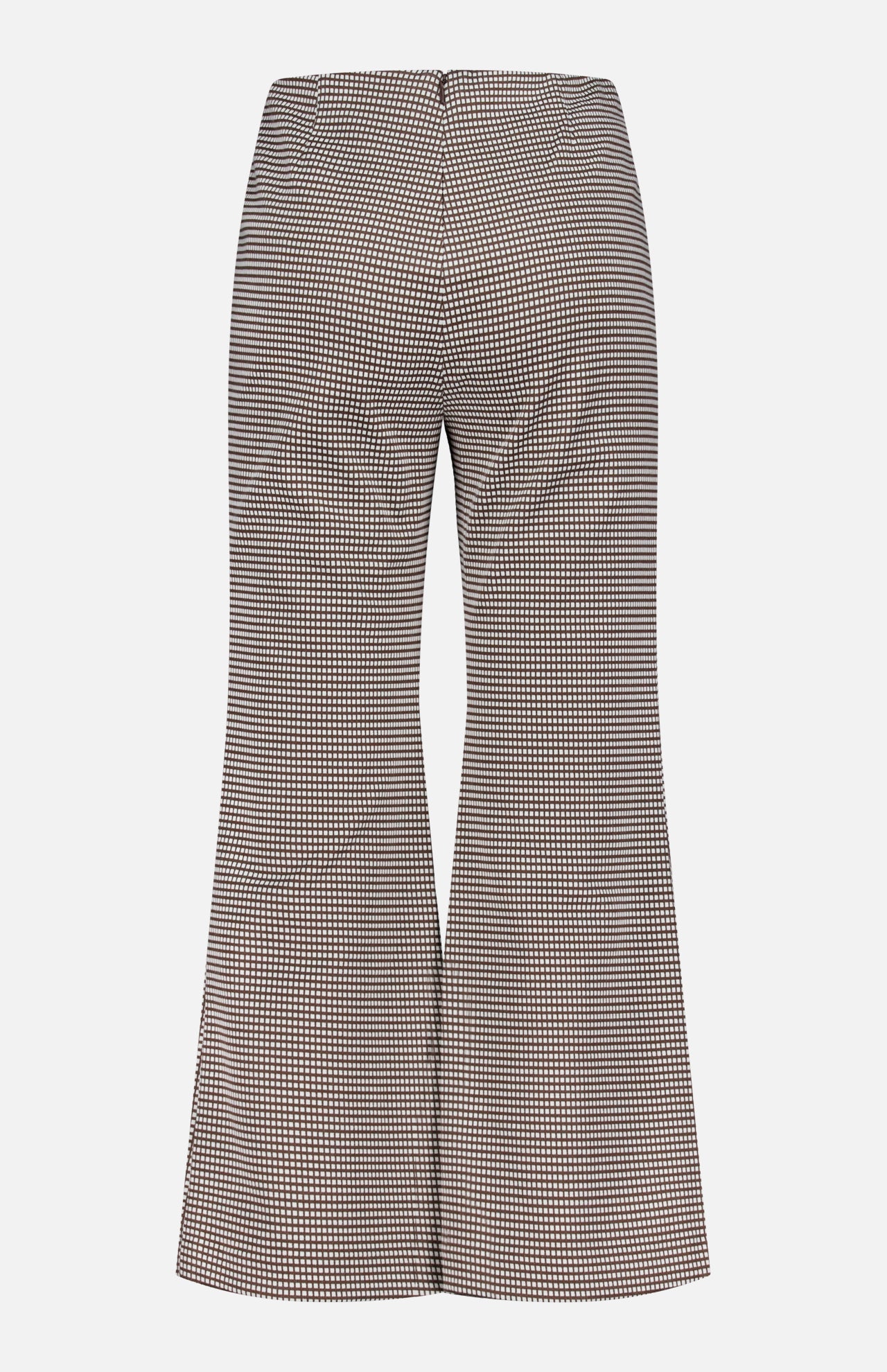 Back view of the RAG & BONE Irina Printed Kick Flare Pant in black-and-white micro check ponte fabric, featuring a high-waisted fit, center seam, and a clean look without visible pockets or embellishments.